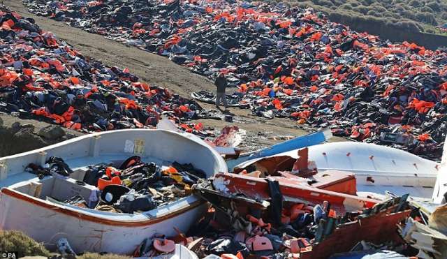150,000 migrants` life jackets lie piled on the coast of Lesbos